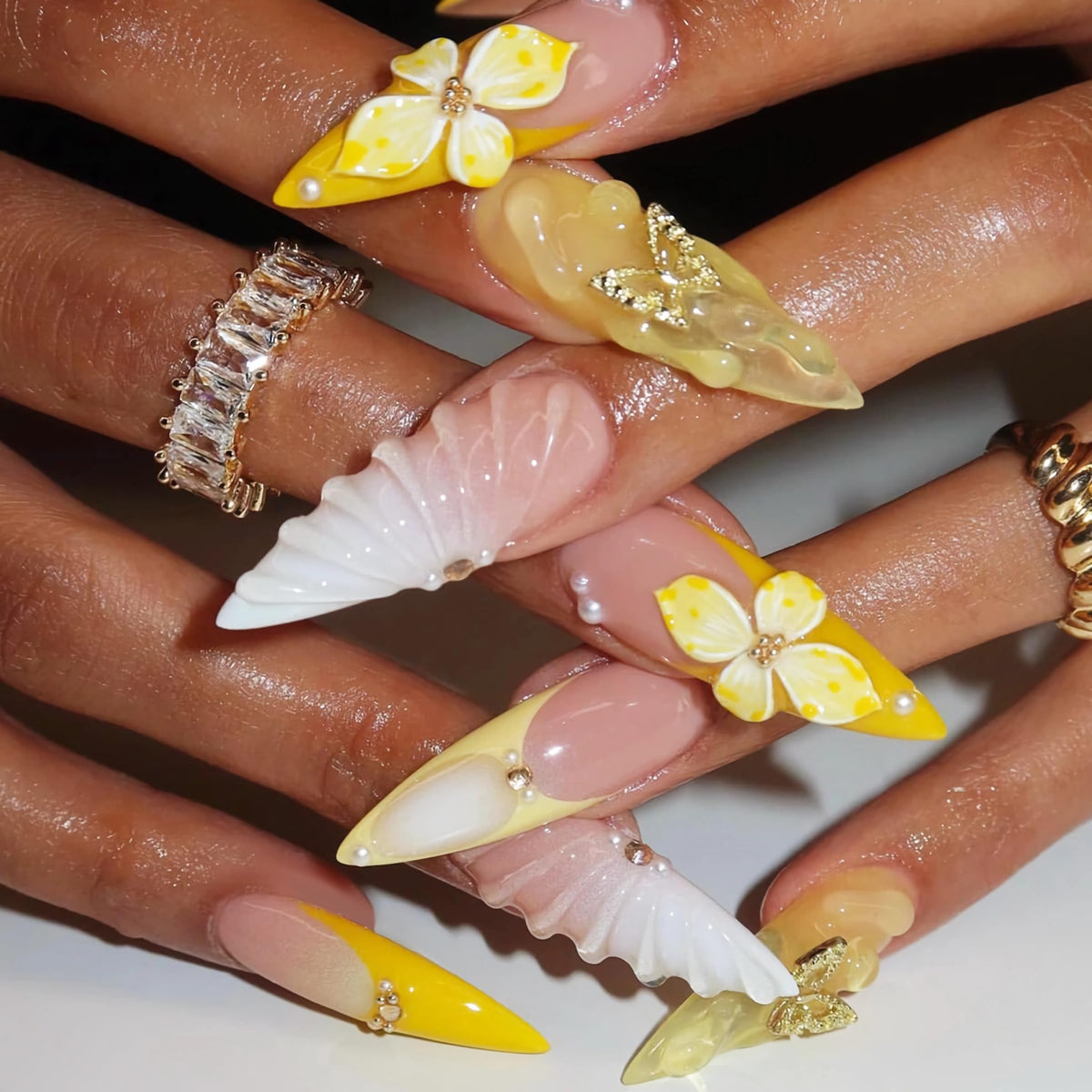 BABALAL Long Press on Nails Stiletto Fake Nails Yellow French Tip Glue on Nails 3d Texture Flower Design Handmade Acrylic Nails Butterfly Charm False Nails 24Pcs Coquette Manicure Stick on Nails