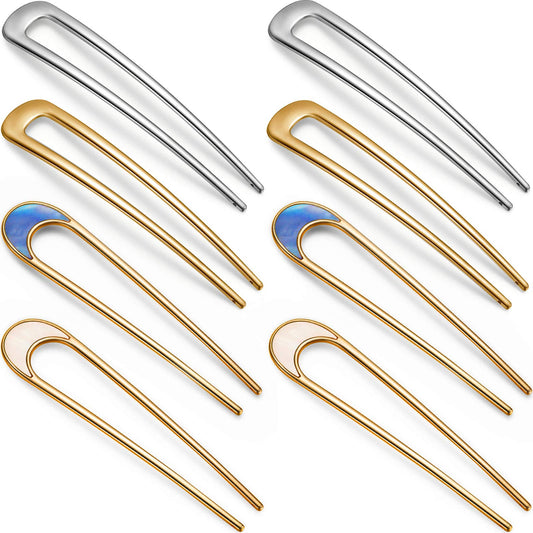 WILLBOND 8 Pieces French Hair Pin Metal U Shaped Hair Pins Gold and Silver Hair Fork 4 Inch Hair Sticks Chignon Pins Hair Chopsticks for Woman Buns Hair Accessories