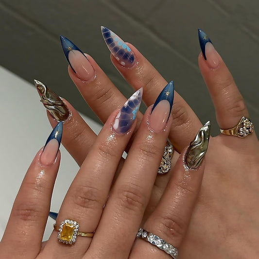 Tyuimhx Blue French Tip Press on Nails Medium Almond Fake Nails With Gold Star Alligator Texture Designs 3D Gold Stripe False Nails Full Cover Stick on Nails Acrylic Artificial Nails for Women 24Pcs