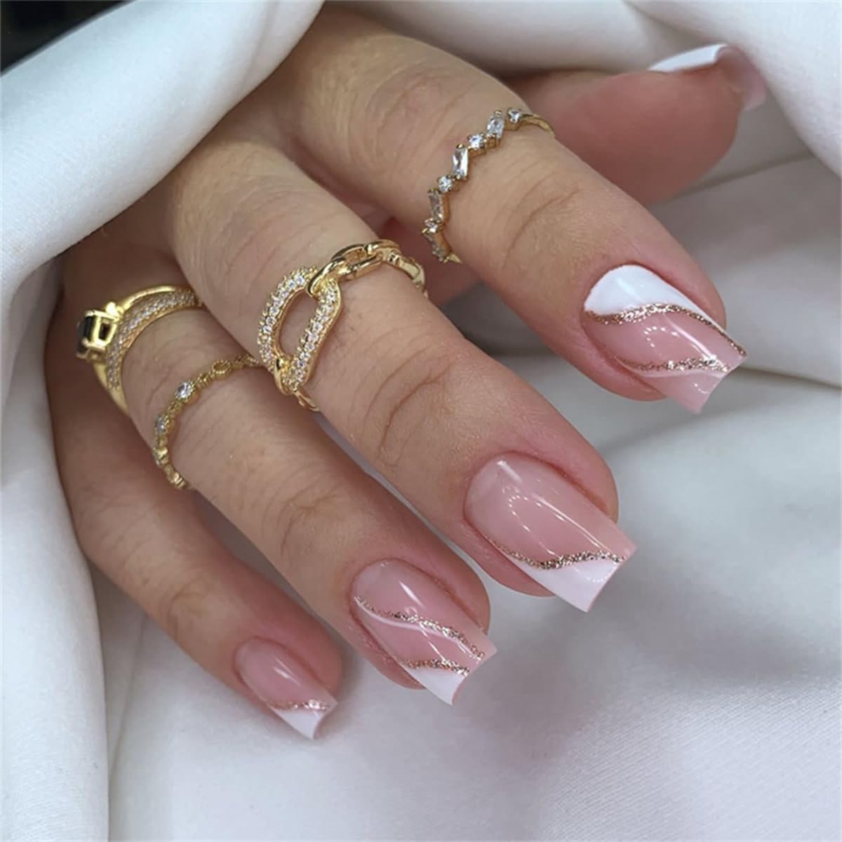 Press on Nails Medium Square Fake Nails White French Tip False Nails with Designs Glitter Line Glue on Nails Nude Artificial Nails Pink Full Cover Acrylic Stick on Nails for Women Manicure Kit 24Pcs