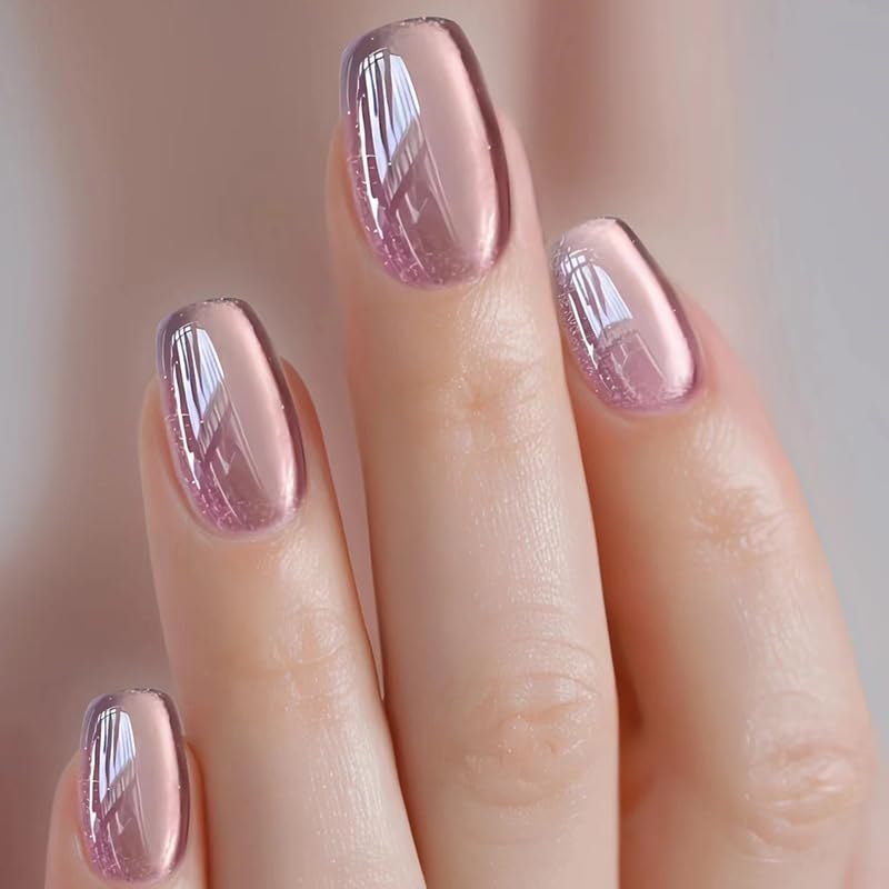 24Pcs Cat Eye Press on Nails Short Square Fake Nails Pink Cat Eye Glossy Acrylic False Nails Chrome Designs Full Cover Glue on Nails Purple Artificial Nails Ombre Stick on Nails for Women Manicure