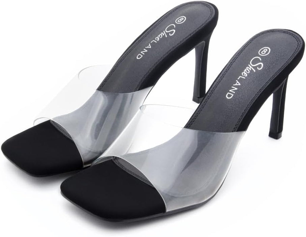 Melrose Women'S High Heels Stiletto Heeled Slides, Square Open Toe One Band Slip-On Heeled Mules – Dressy Clear Heeled Sandals for Prom Party Wedding and Vacation