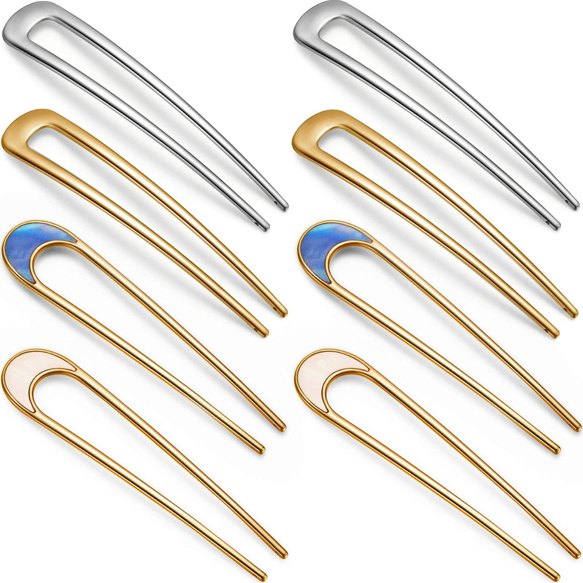 WILLBOND 8 Pieces French Hair Pin Metal U Shaped Hair Pins Gold and Silver Hair Fork 4 Inch Hair Sticks Chignon Pins Hair Chopsticks for Woman Buns Hair Accessories