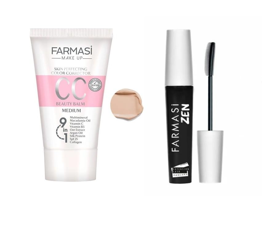 FARMASi Makeup CC Cream 17 Fl Oz (Medium) Pure Natural and Flawless Finish Medium to Full Coverage All-Day Hold All Skin Types Zen Mascara Extension Lash 0.27 fl.oz