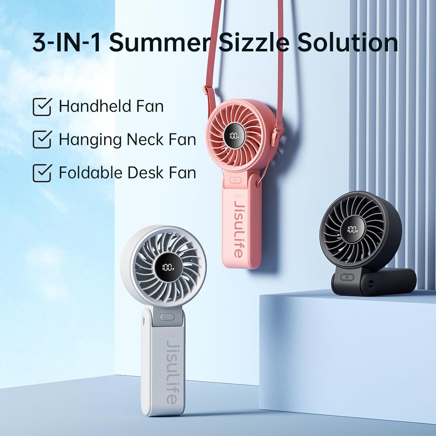 Handheld Fan Life7 – Ultimate Flexibility: High-Power Motor, LED Display, 19.5 Hrs Cooling, 5000Mah Rechargeable, 5-Speed, Foldable Design, 3-IN-1 Portable Fan for Travel Cruise Beach(Black)