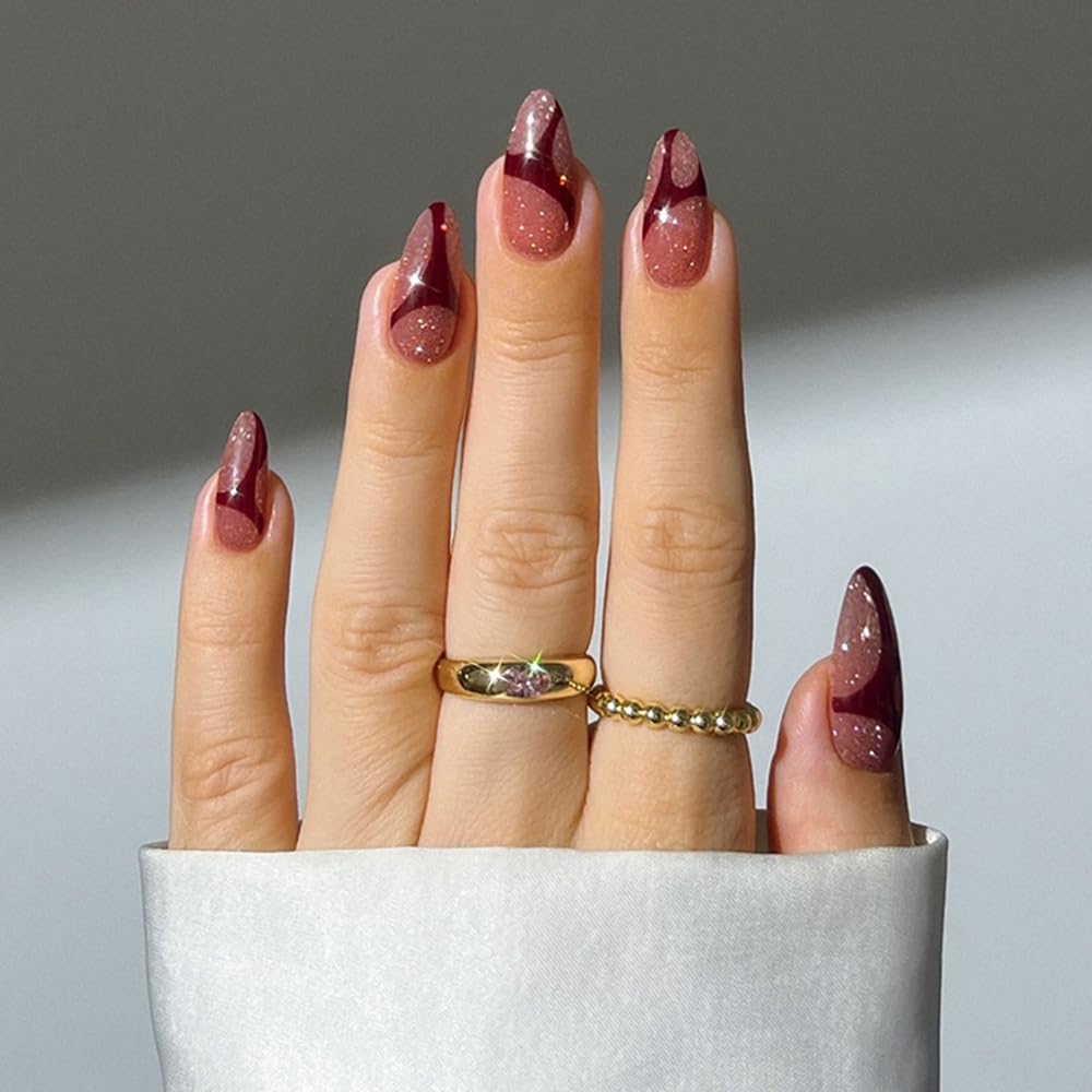 Almond Press on Nails Medium Pink Fake Nails with Red Stripe Design Sparkly Wine Red False Nails Medium Length Nails Press ons Full Cover Acrylic Glue on Nails Glossy Stick on Nails for Women 24Pcs