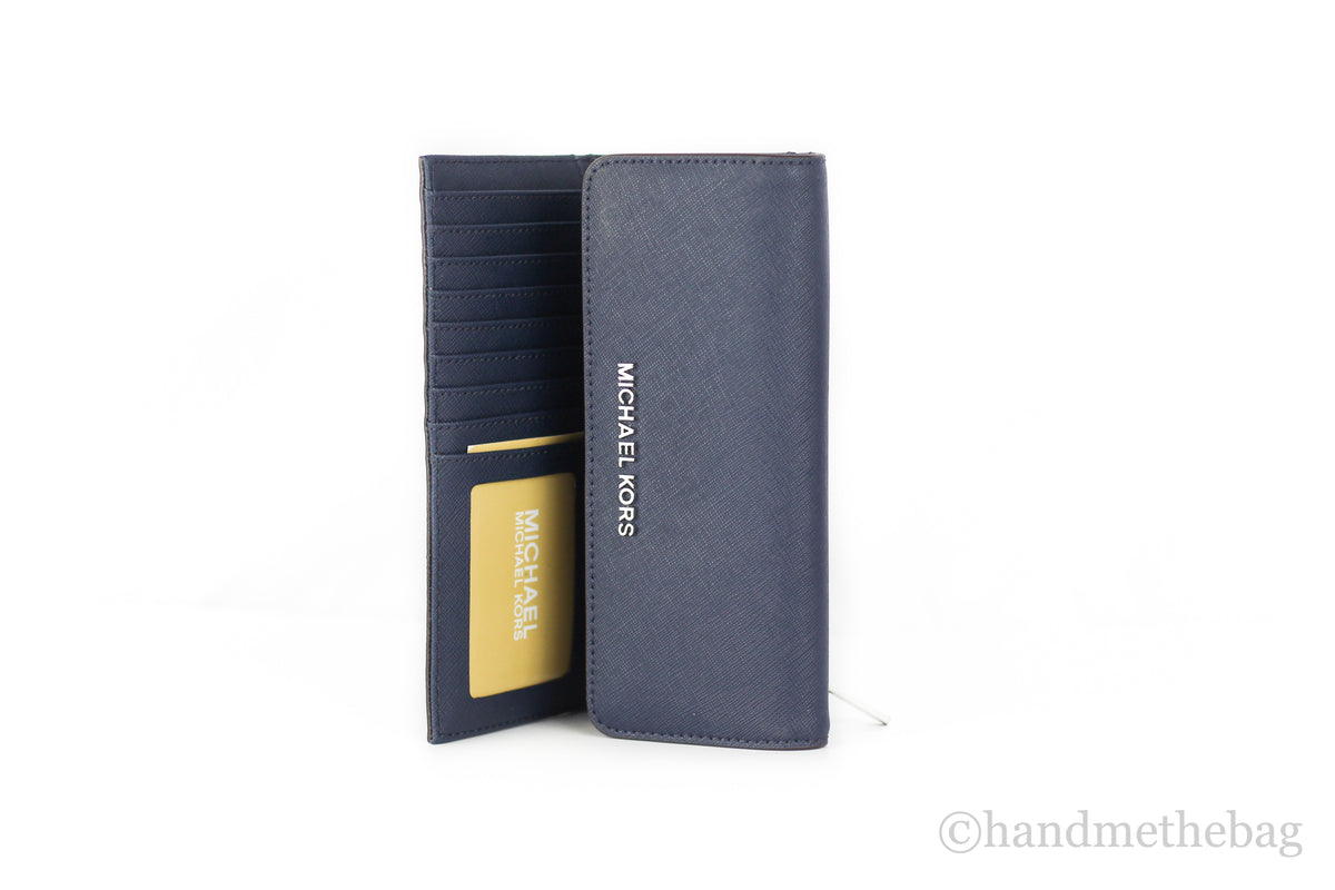 Michael Kors Jet Set Travel Leather Navy Large Trifold Wallet Clutch