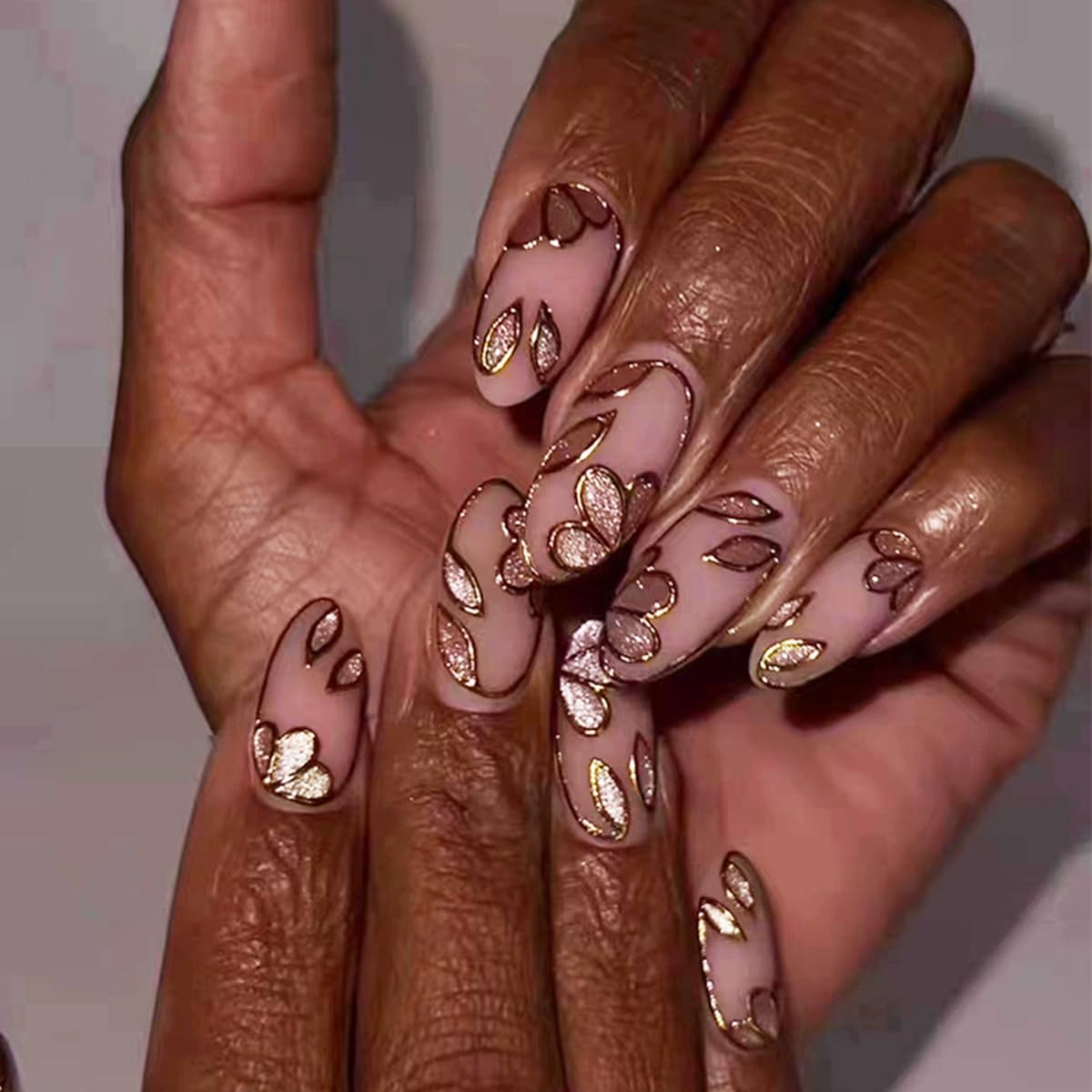 Butterfly Almond Press on Nails Medium Fake Nails with Gold Glitter Designs Nude Pink False Nails Press ons Acrylic Nails Fall Glue on Nails Artificial Stick on Nails for Women 24Pcs
