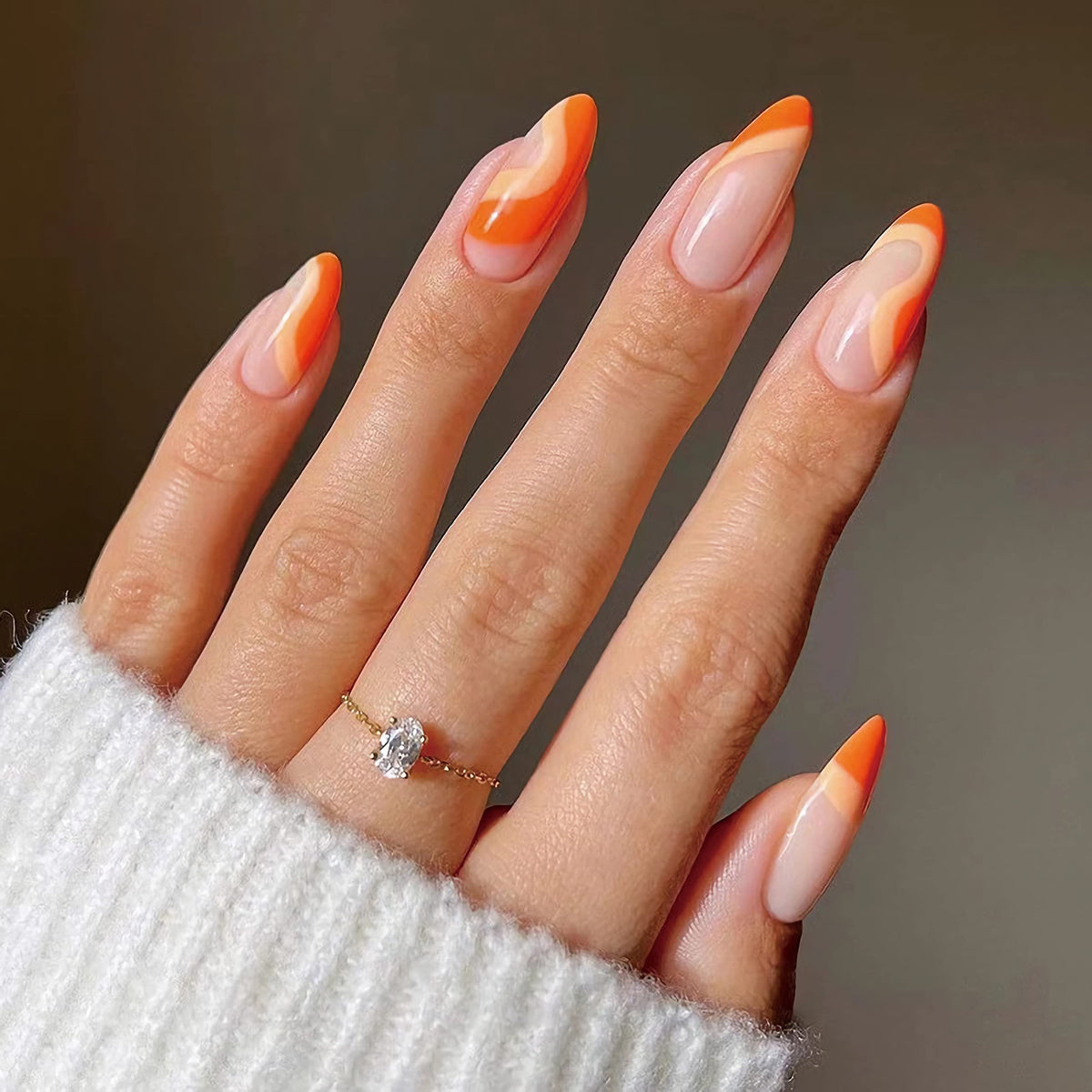 MERVF Almond Press on Nails Medium Long Fake Nails Orange French Tip Stiletto Acrylic Nails with Striped Designs 24pcs Glossy Glue on Nails Swirl False Nails