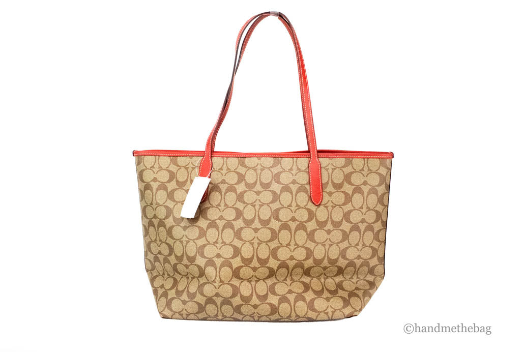 Coach Khaki Red Wild Strawberry Coated Canvas City Tote