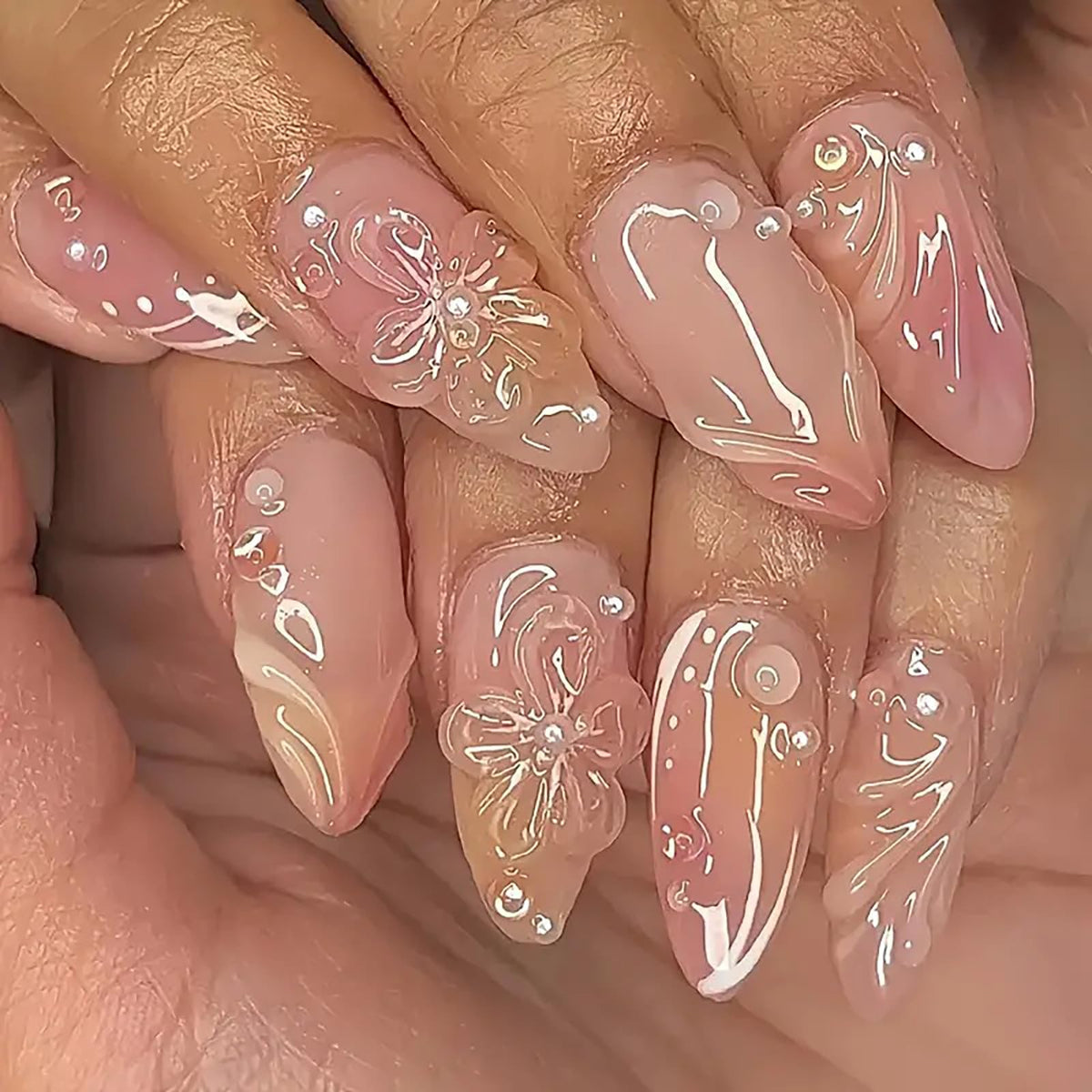 24 Pcs 3D Handmade Press on Nails with Glue Medium Fake Nails Acrylic Nails Press ons Almond Shape False Nails with Flower Water Ripple Design Full Cover Reusable Stick on Nails for Women Spring Nails