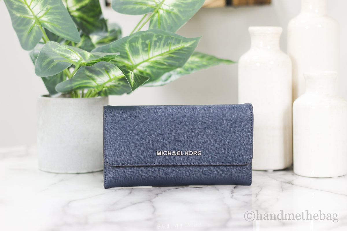 Michael Kors Jet Set Travel Leather Navy Large Trifold Wallet Clutch