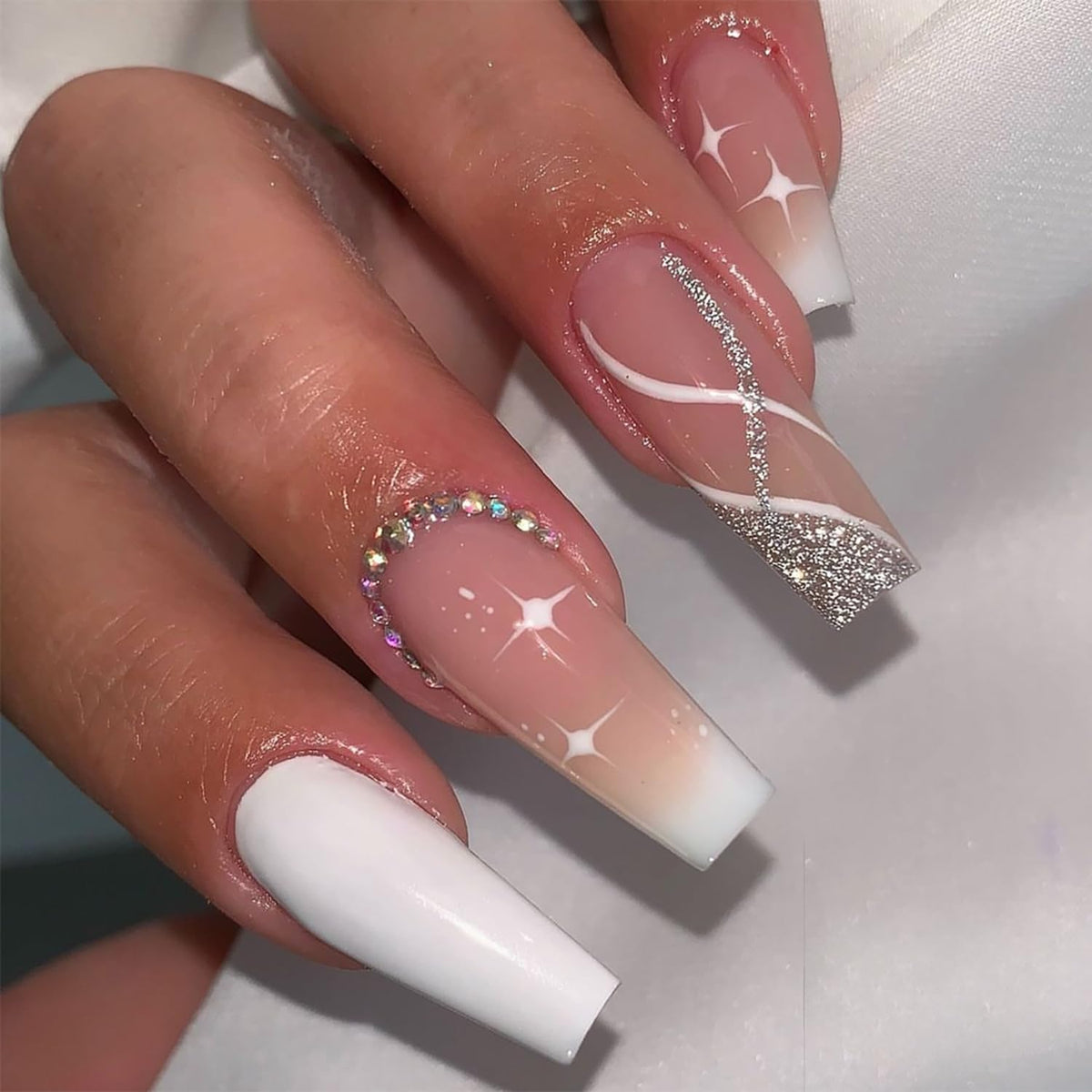 French Press on Nails Long Ballet Shaped Rhinestones False Nails Artificial Acrylic Nails Silver Glitter Powder Design Fake Nails Full Cover Reusable Coffin Nails Glue on Nails for Women Supplies