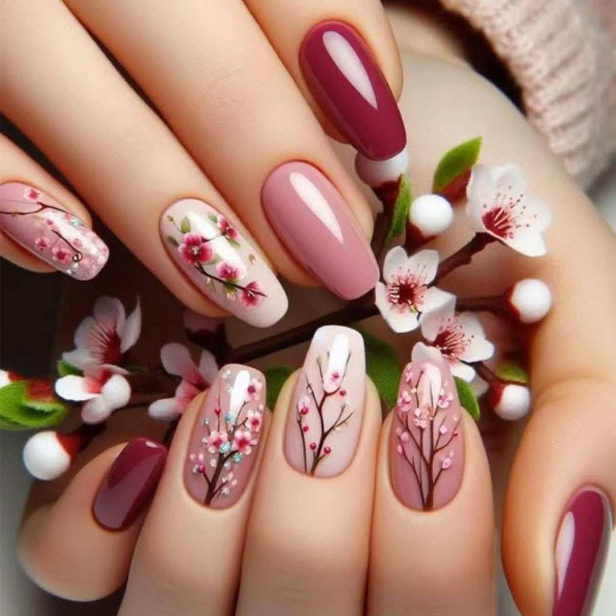Peach Blossom Press on Nails Pink Long Coffin Fake Nails with Flower Design Red Glue on Nails Glossy Spring Nails Reusable Summer False Nails for Women Girls Manicure 24pcs