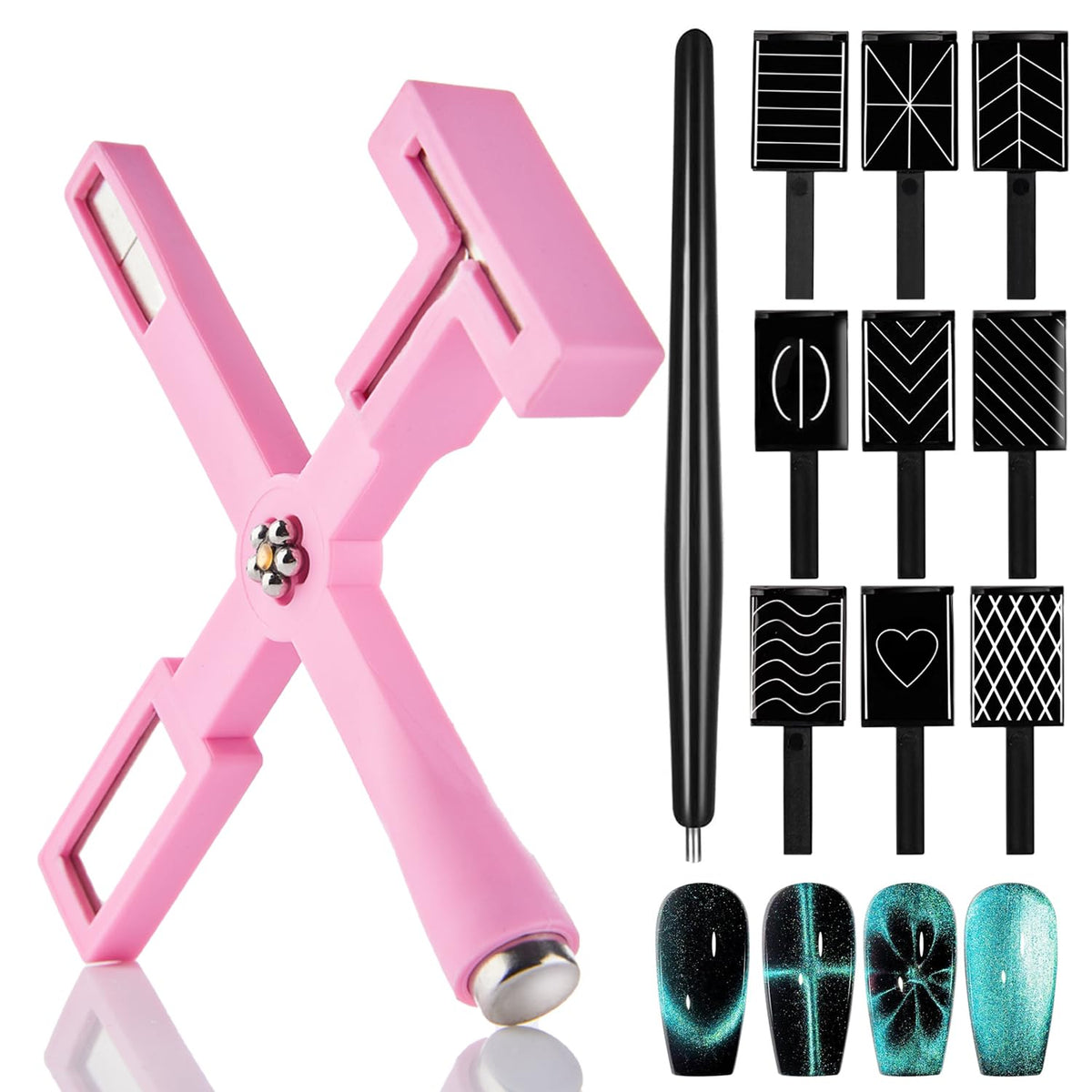 11Pcs Cat Eye Gel Nail Polish Tools Set- Cat Eye Magnet for Nails and Magnetic Nail Polish 5 in 1 Multifunction Nail Magnet 9Pcs Stripe Magnet Plates Magnet Pen for 3D Nail Art Nail Salon or DIY