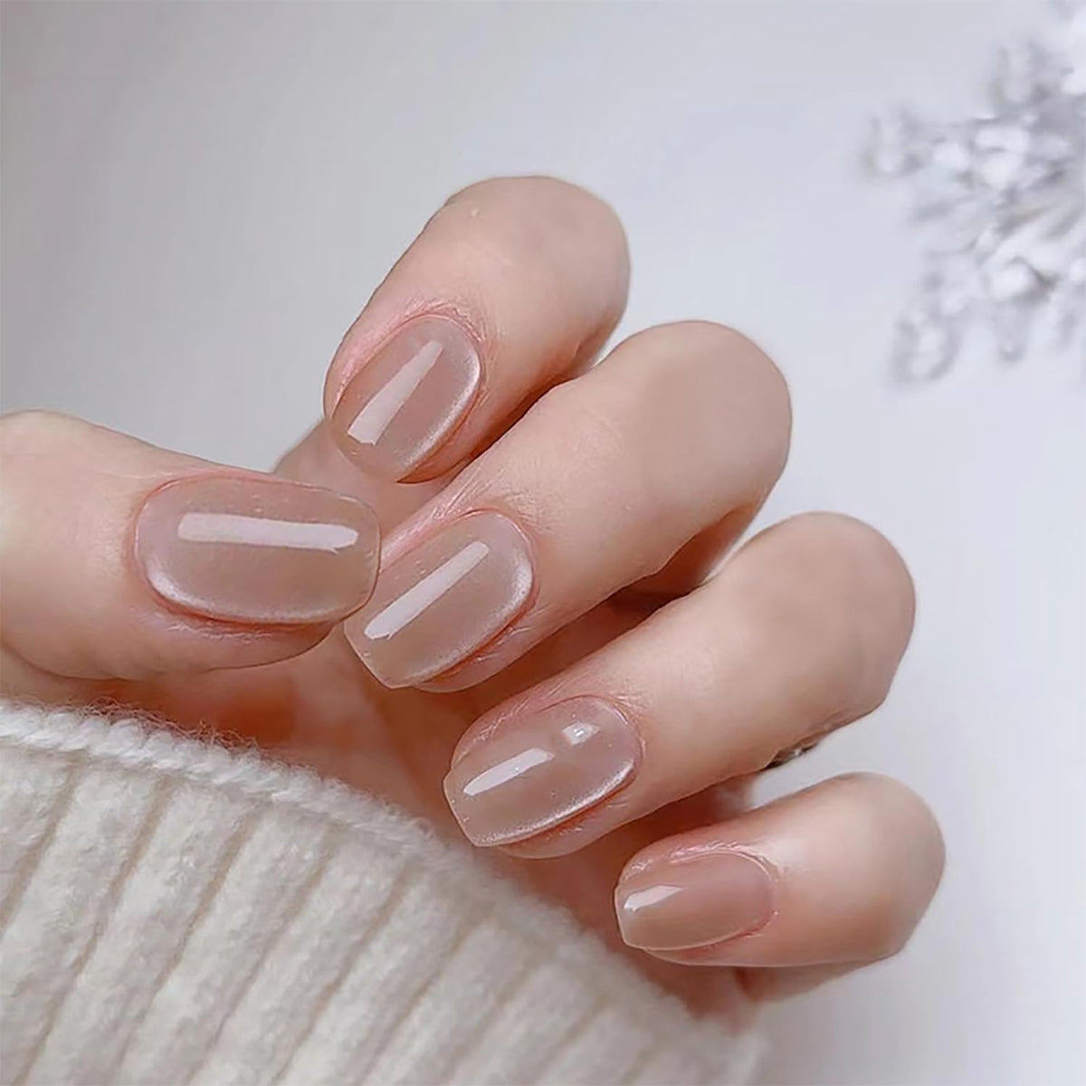 Cat Eye Press on Nails Short Square Fake Nails Nude Cat Eye Glossy Designs Full Cover Glue on Nails Ballerina Artificial False Nails Stick on Nails for Women Acrylic Manicure Decorations 24Pcs