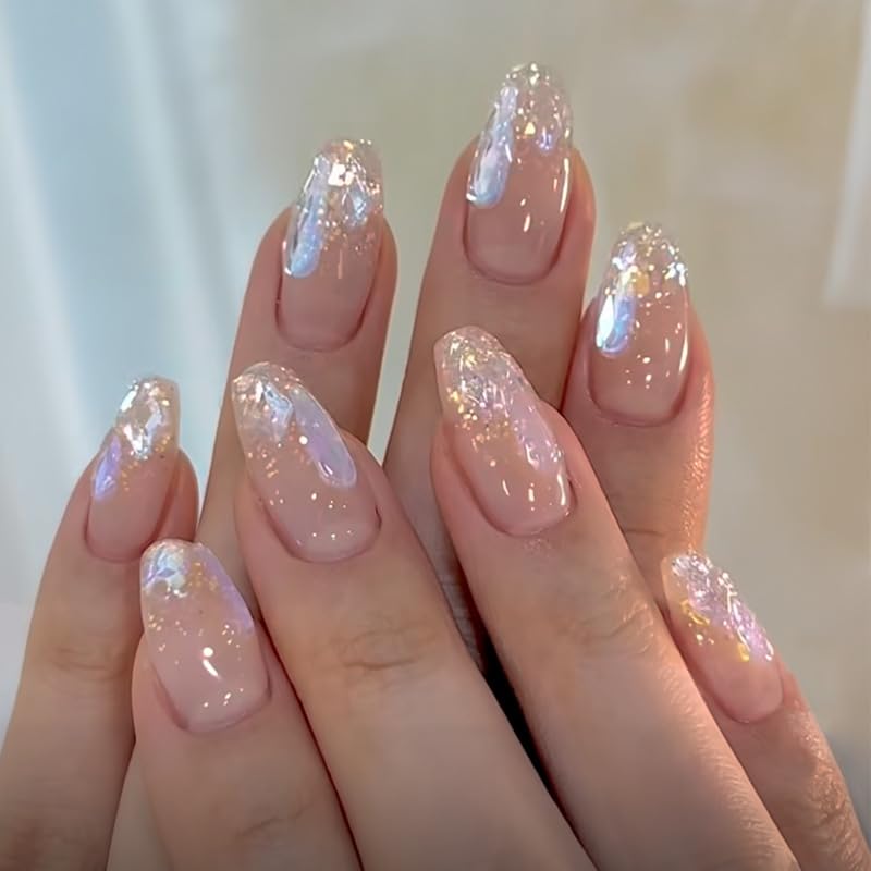 Medium Press on Nails Coffin Shaped Fake Nails Sparkly Acrylic False Nails Full Cover Bling Stick on Nails Aurora Coffin Fake Nails Rhinestone Glue on Nails for Women Girls Manicure Kit 24Pcs