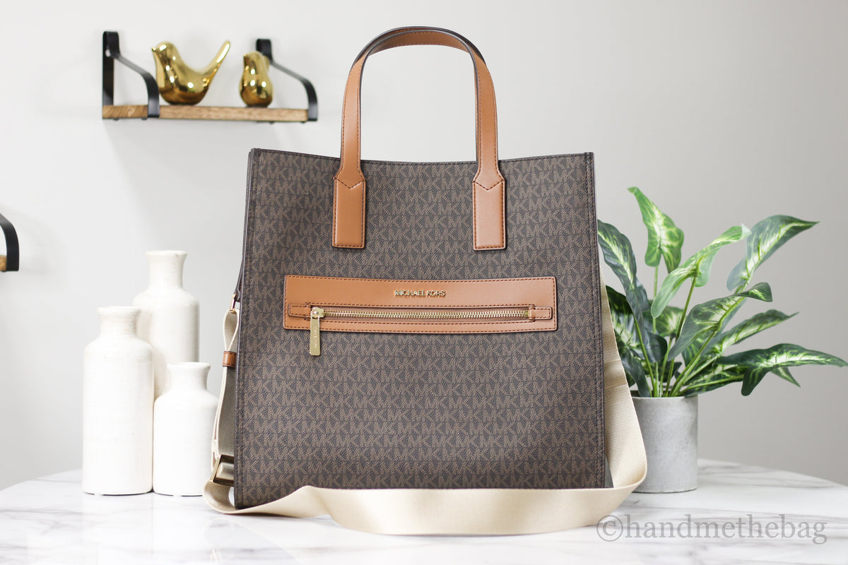 Michael Kors Kenly Brown Signature Large North South Tote Shoulder Handbag Computer Bag