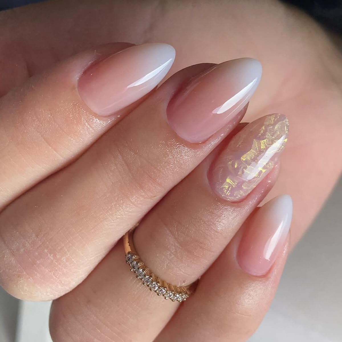 AkiliBIELY Press on Nails Almond Short Medium White Ombre Pink Gold Fake Nails Glitter Bling Glue on Nails Cute Women Stick on Nails Acrylic Gel False Nails Fantasy Classy Wedding Birthday