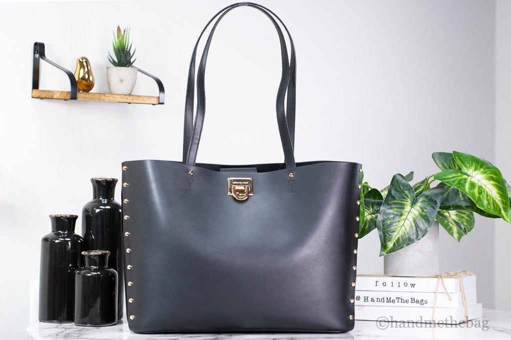 Michael Kors Manhattan Large Black Smooth Leather Studded Shoulder Tote Handbag