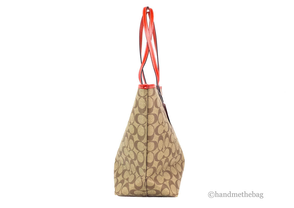 Coach Khaki Red Wild Strawberry Coated Canvas City Tote