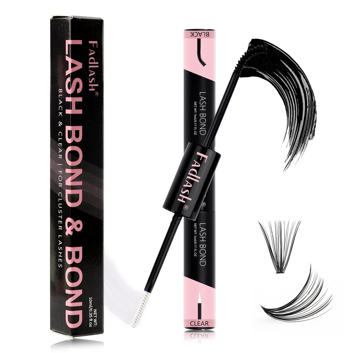 Cluster Lash Glue for Eyelash Extensions Eyelash Glue Lash Bond & Bond 2 in 1 Lash Cluster Glue Eyelash Extension Glue Waterproof Strong Hold for 72 Hours (10ml Black and Clear)