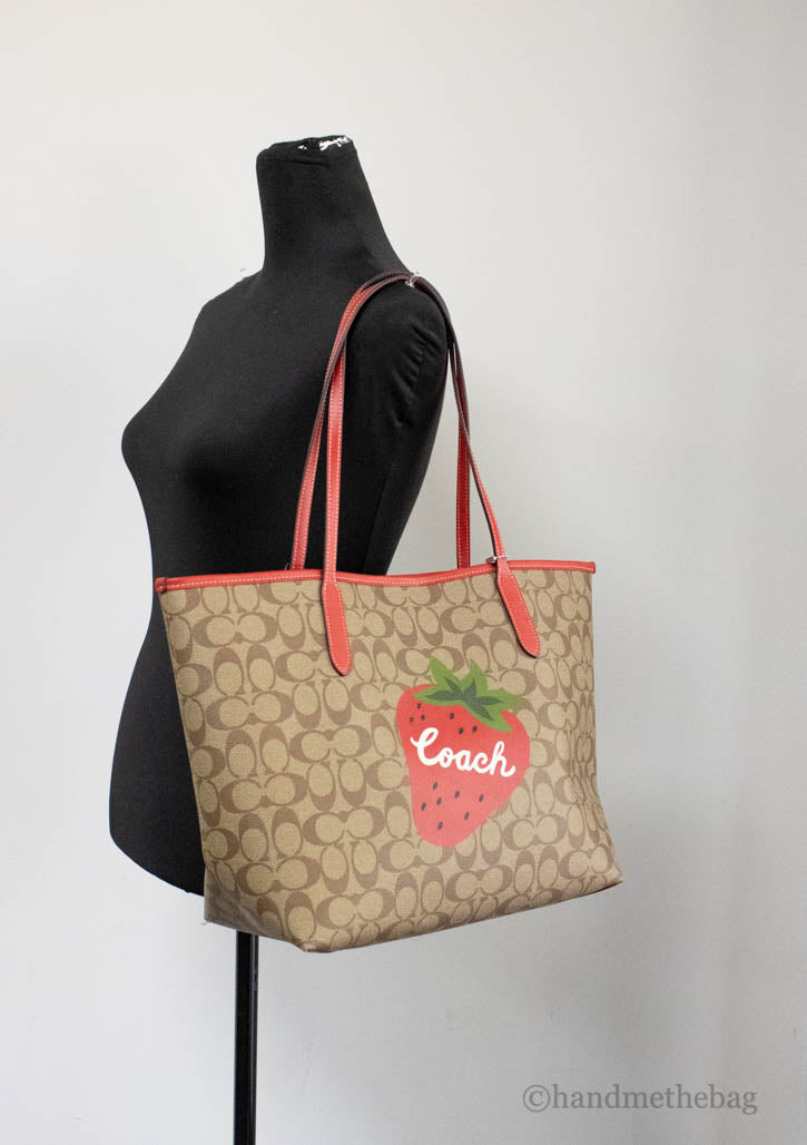 Coach Khaki Red Wild Strawberry Coated Canvas City Tote