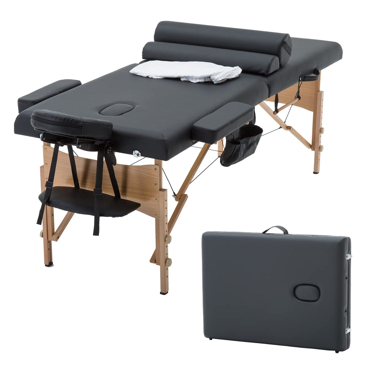 PayLessHere Massage Bed Portable Massage Table 2 Fold Lash Bed Adjustable Salon Bed 28 inche Wide Spa Table with Towel Hanger Oil Pouch Half Bolster Round Bolster Non-Woven Backpack