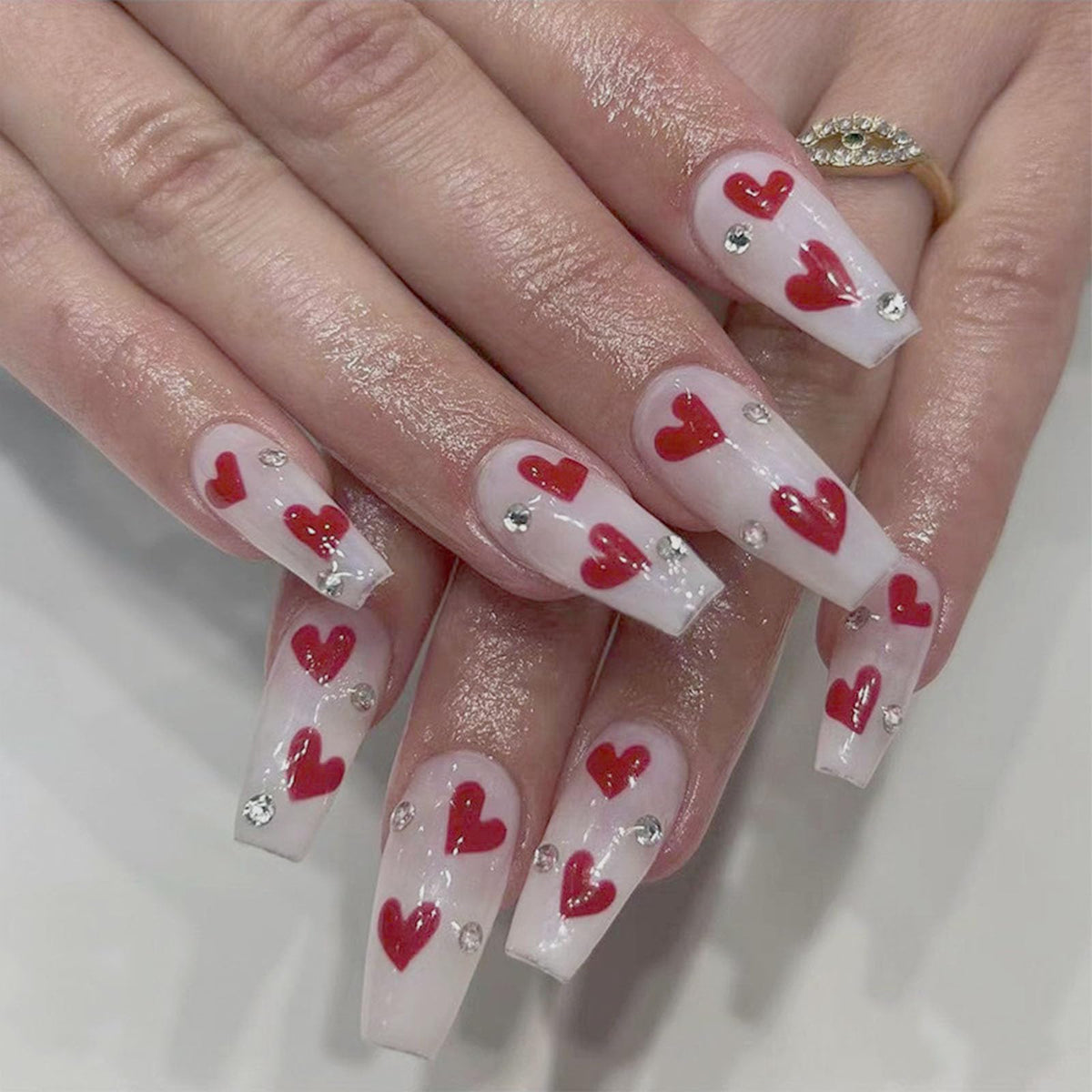 Valentines Nails Press ons Coffin Press on Nails Mediun Fake Nails Red Hearts Rhinestones Design Glue on Nails White Full Cover Glossy False Nails Valentines Day Stick on Nails for Women 24Pcs