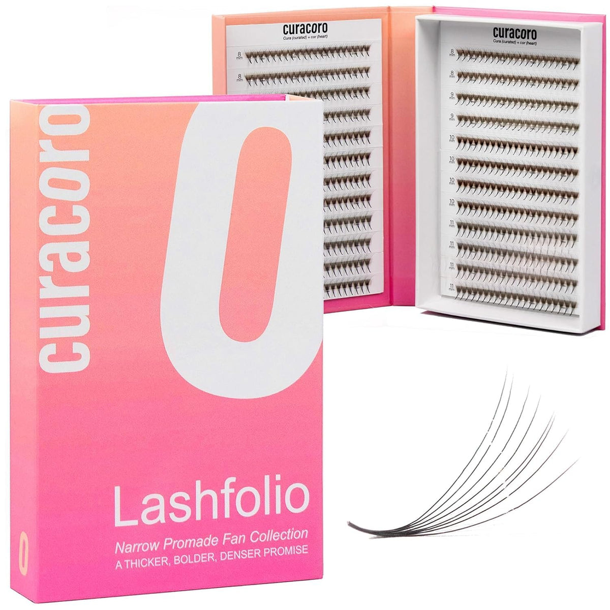 Curacoro LashFolio Narrow Promade Fans Handmade Volume Eyelashes 5D~10D C CC D Curl Thickness 0.03~0.07mm 8-15mm Length Professional Long-Lasting Promade Lash Fans (16D-0.03 D 12mm-15mm)