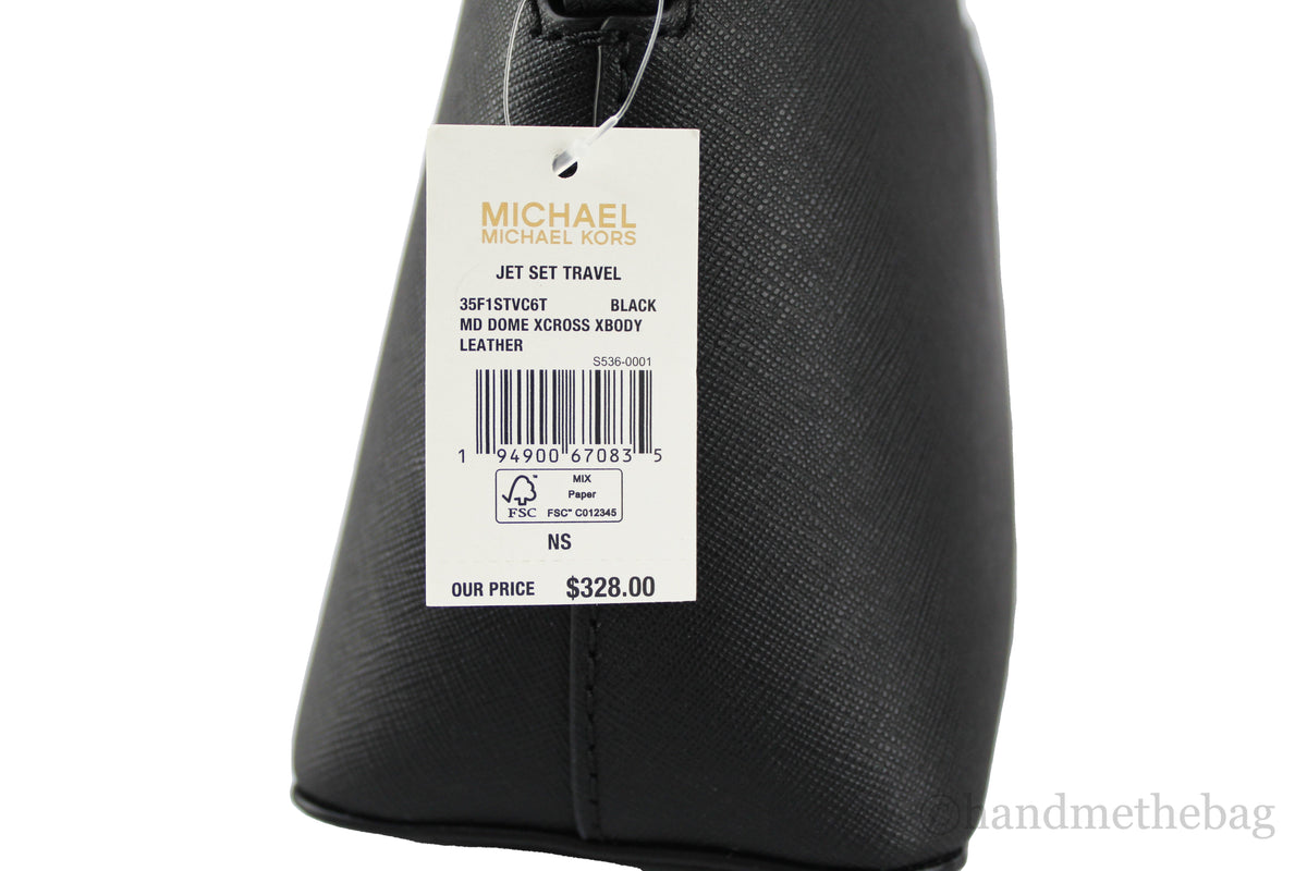 Michael Kors Jet Set Medium Black Silver Leather X Cross Dome Crossbody Handbag