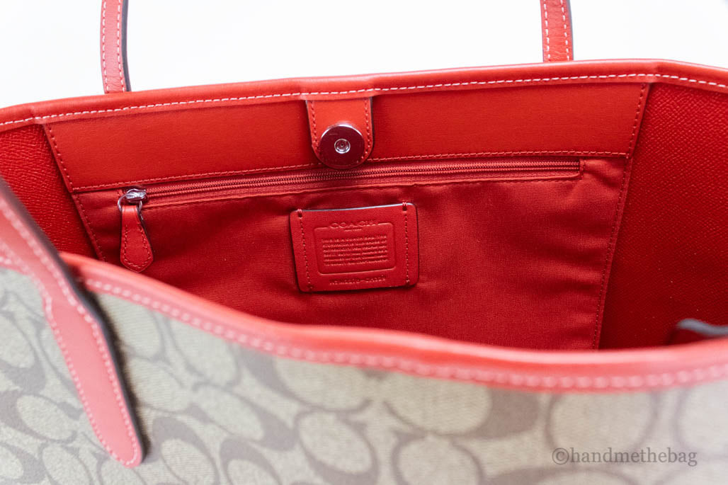 Coach Khaki Red Wild Strawberry Coated Canvas City Tote
