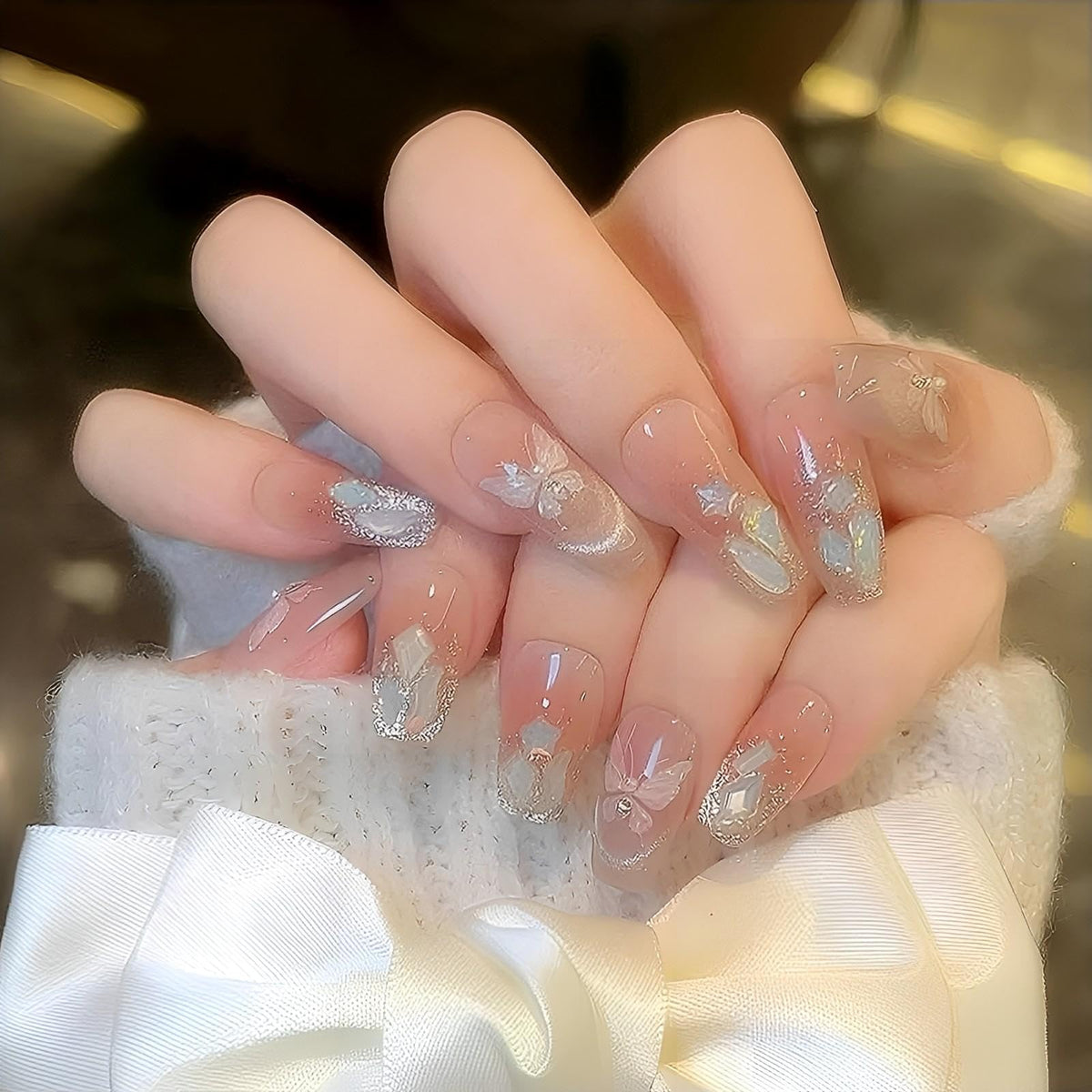 Rchovsam Cat Eye Press on Nails Medium Length Coffin Fake Nails Butterfly Stick on Nails Diamond Glitter False Nails Full Cover Gel Nails Kit for Women 24pcs