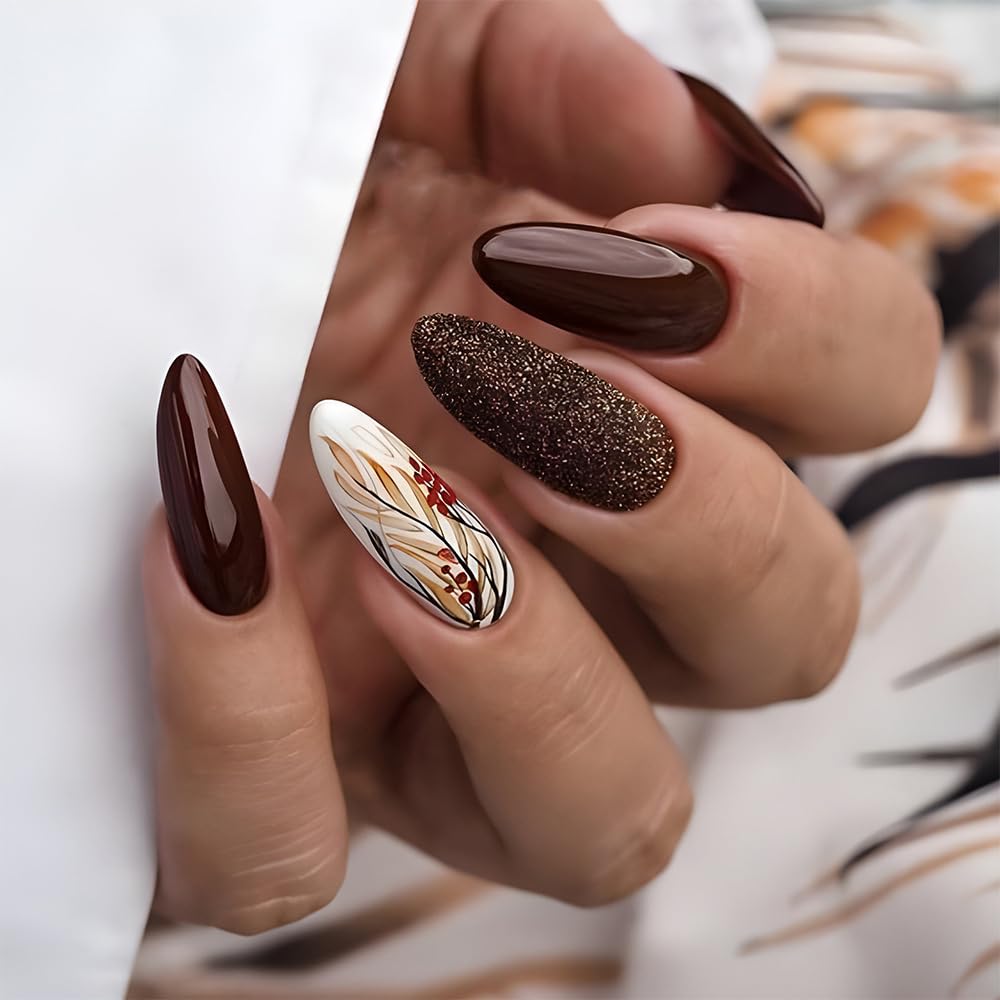 24Pcs Winter Press on Nails Medium Almond Brown Fake Nails Golden Autumn Wheat Ear Designs Fall Nails Glossy Stick on Nails Glitter Full Cover Autumn and Winter False Nails for Women Solid Color Nails