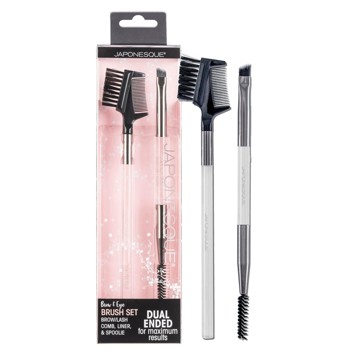JAPONESQUE Brow & Eye Brush Set Includes Brow/Lash Comb to Brush Brows and Separate Lashes Angled Liner Brush for Brow Filler Application Spoolie to Smooth Brows