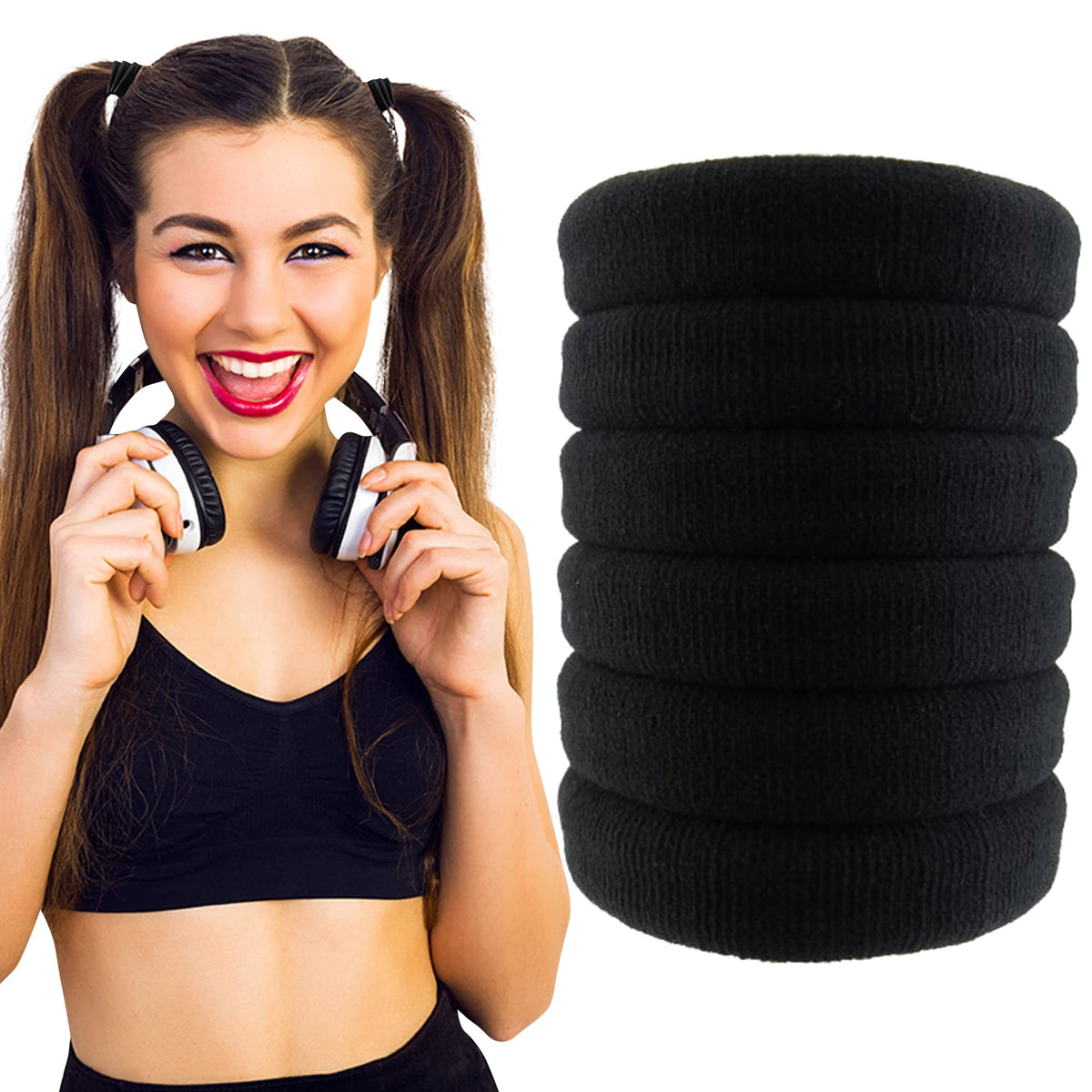 Styla Hair Ties for Thick Hair - Pack of 6 Black Seamless Hair Elastics Scrunchies for Heavy Curly Hair Accessories Ponytail Holders