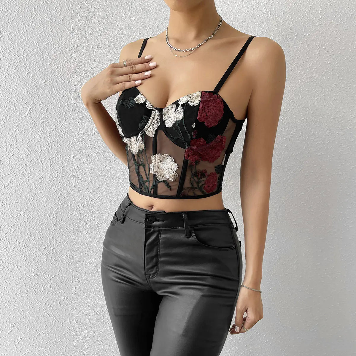 Women's Summer Backless Embroidered Mesh Corset Top